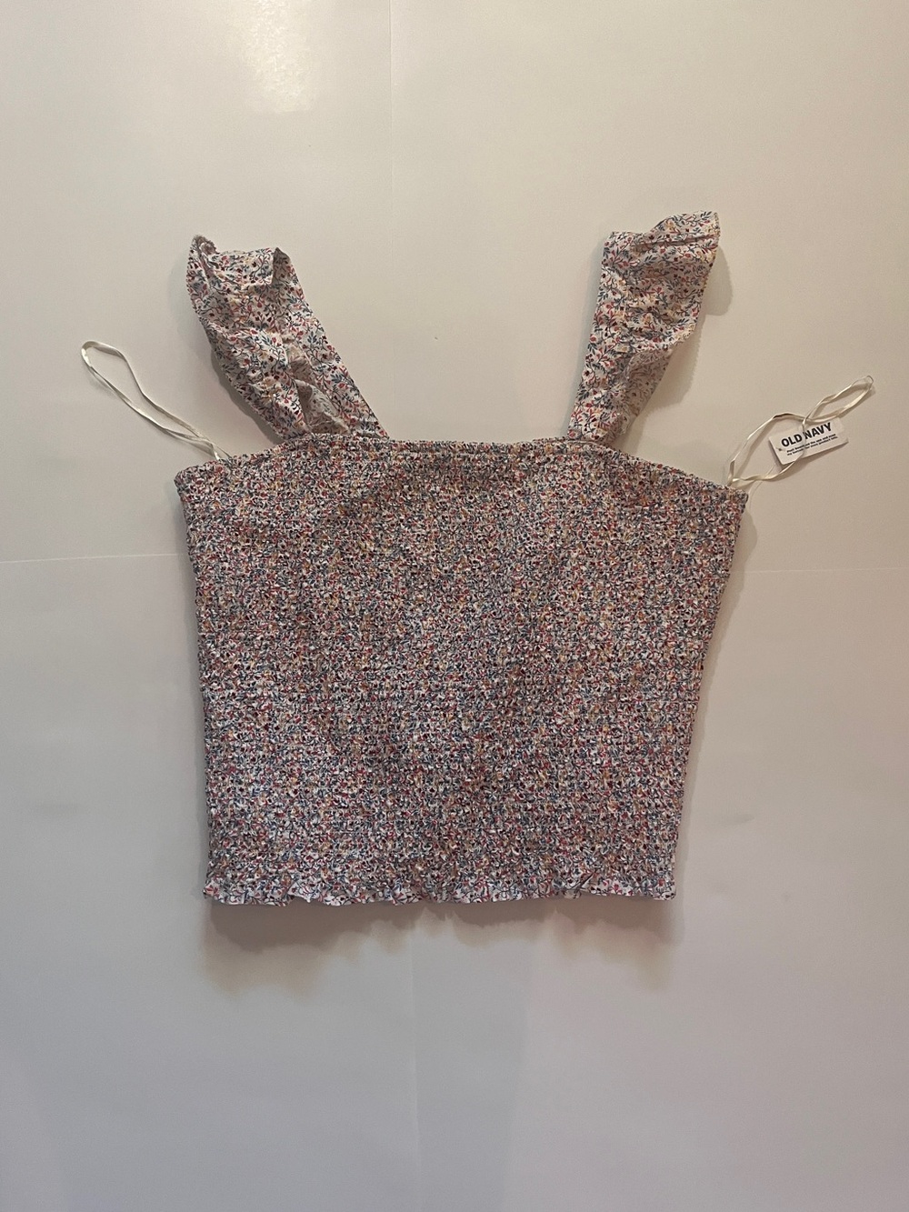 Old Navy Floral Smocked Crop Top — White with Pink & Blue Speckle